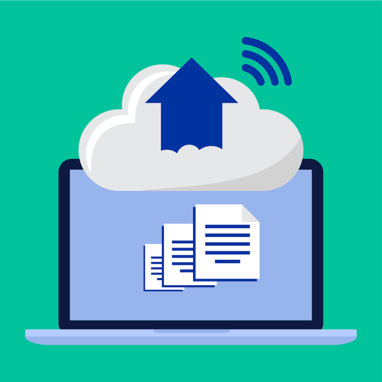 Dokument och data laddas upp till molnet från en laptop