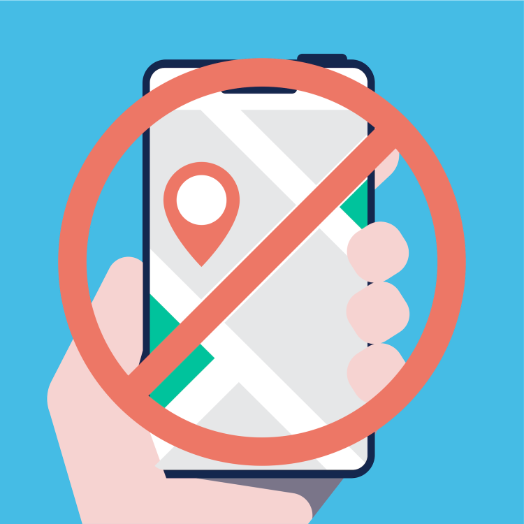 Röd cirkel med ett streck över en hand som håller en mobil med en platsmarkör på skärmen 